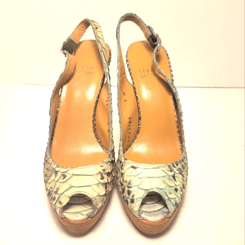 NWOT STUART WEITZMAN Mint Green Snakeskin Peep Toe Heels - Picture 4 of 15